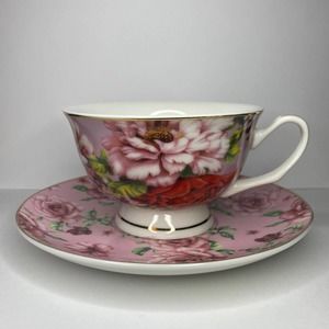 BTaT Brew To a Tea Pink Floral Teacup and Saucer Set - Fine China